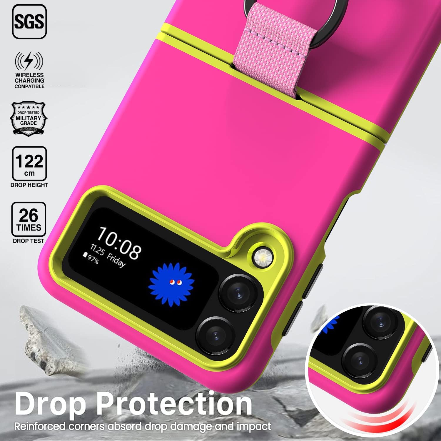 X-FOUR Galaxy Z Flip 4 Case with Ring (2022), Shockproof Slim Protective TPU Silicone Phone Samsung Flip 4 5g Cover with Detachable Finger Loop Neon Pink