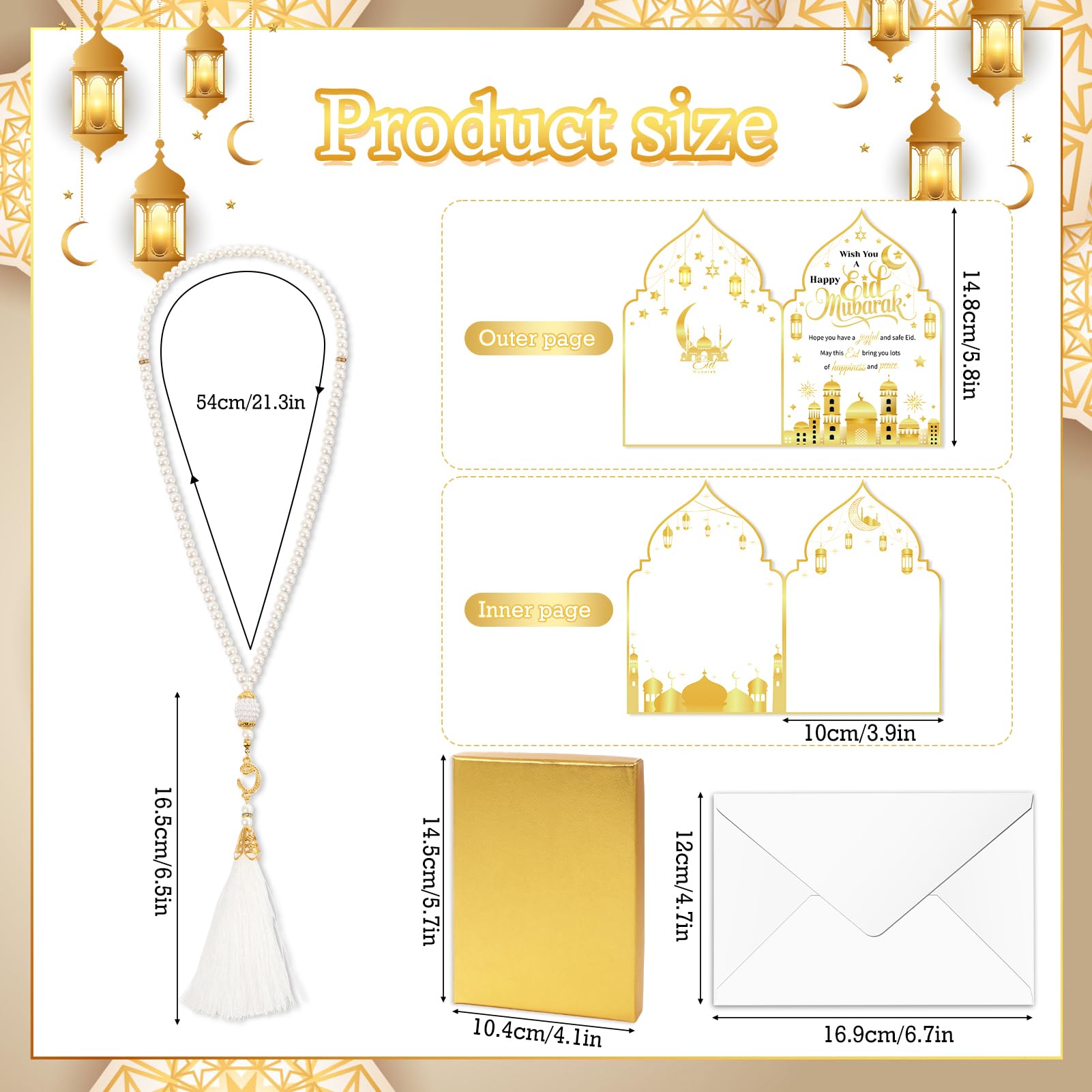 HOWAF Eid Gifts Set with Mosque Shape Card & Prayer Beads, Ramadan Mubarak Greeting Card with Envelope and Ramadan & Eid Pearl Zikirmatic Beads with Box, Islamic Present for Women, Muslim Celebration Gift Set