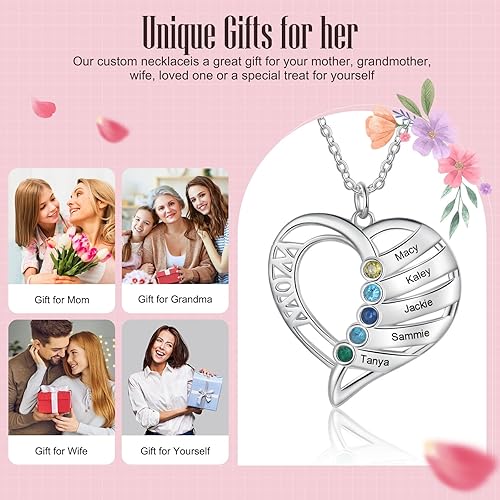 Miniatura 5 de Personalized Mom Heart Necklace Birthstone Necklace for Women Mom Jewelry with 1-6 Names Customized Name Necklace Christmas Birthday Gifts for Mama