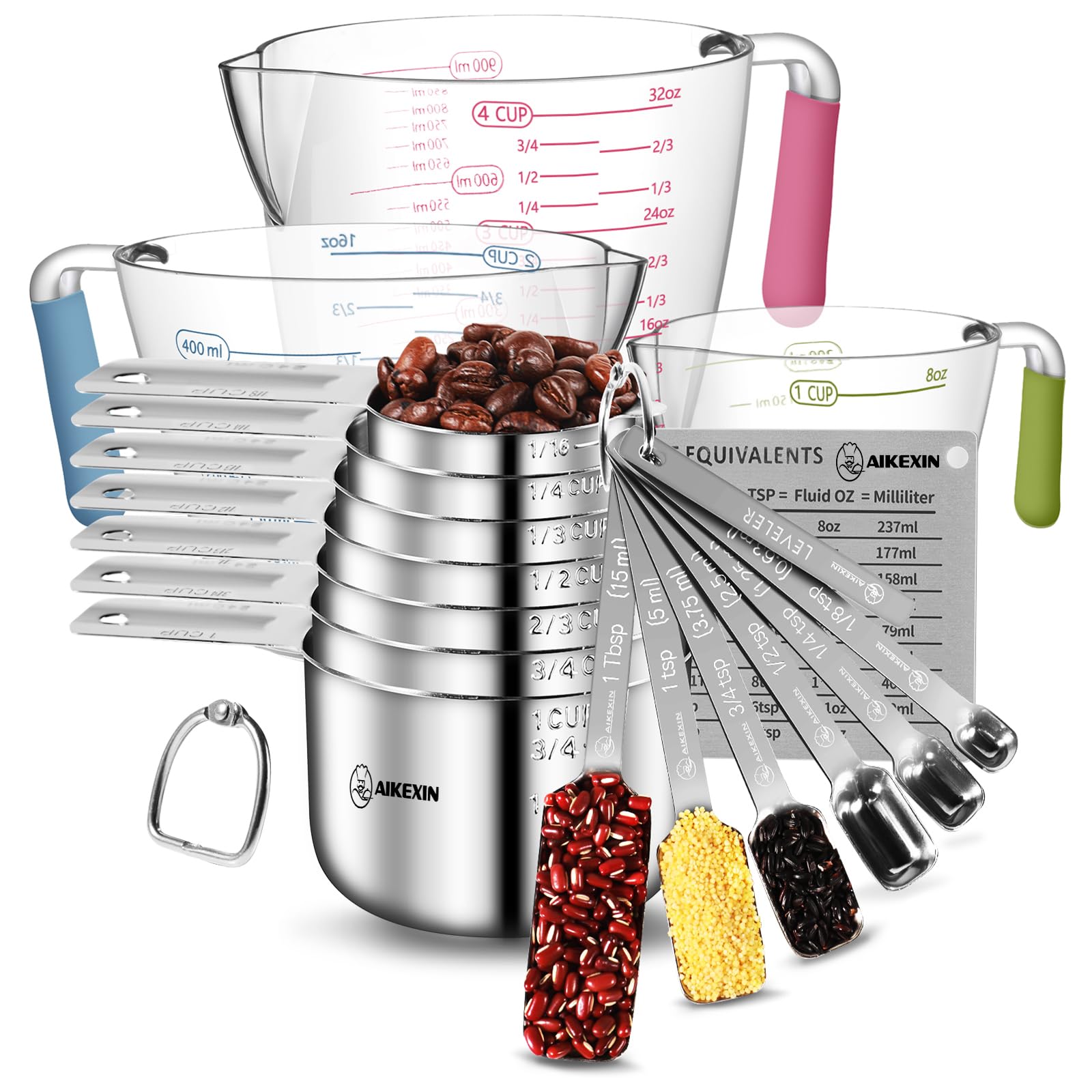 Juego de 20 tazas y cucharas medidoras apilables de acero inoxidable, cucharas y tazas medidoras de plástico para ingredientes secos y líquidos, utensilios de cocina para cocinar y hornear