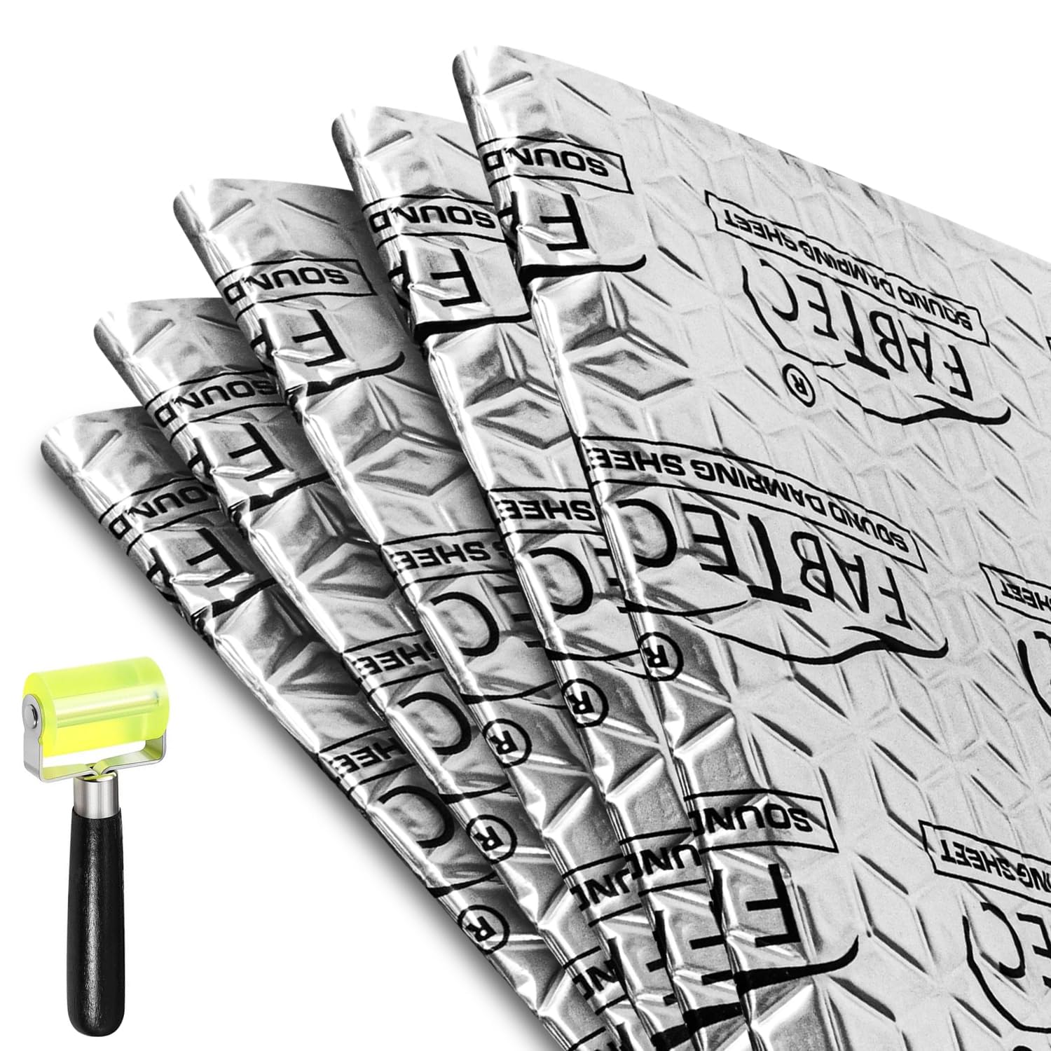 FABTEC Car Damping Sheet 32"X18" with 2.8mm Thickness | Sound & Heat PROOFING Car Sound Deadening Material Sound Insulation | Premium Sound & Heat Insulation Mat Design (Silver, Set of 5) With Roller