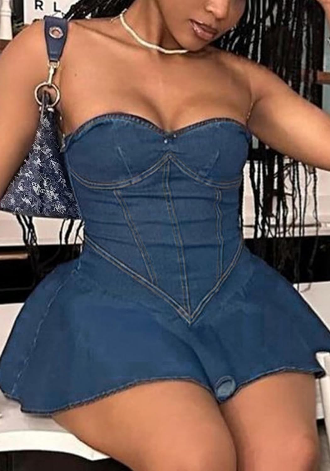 SHINFY Womens Summer Denim Dress Sexy Off Shoulder Strapless Bustier Corset Tube Pleated Mini Jean Dresses - Image 4