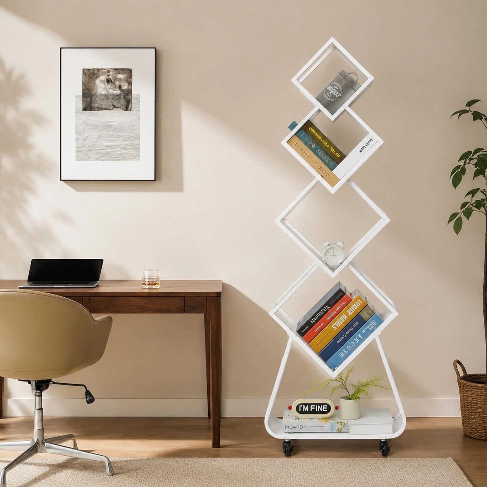 Bücherregal Drehbar Schwarz, Drehbares Bücherregal 5 Etagen, 360°Book Shelf, Bücherregal Mit Rollen, für Wohnzimmer Schlafzimmer Büro (Weiß)