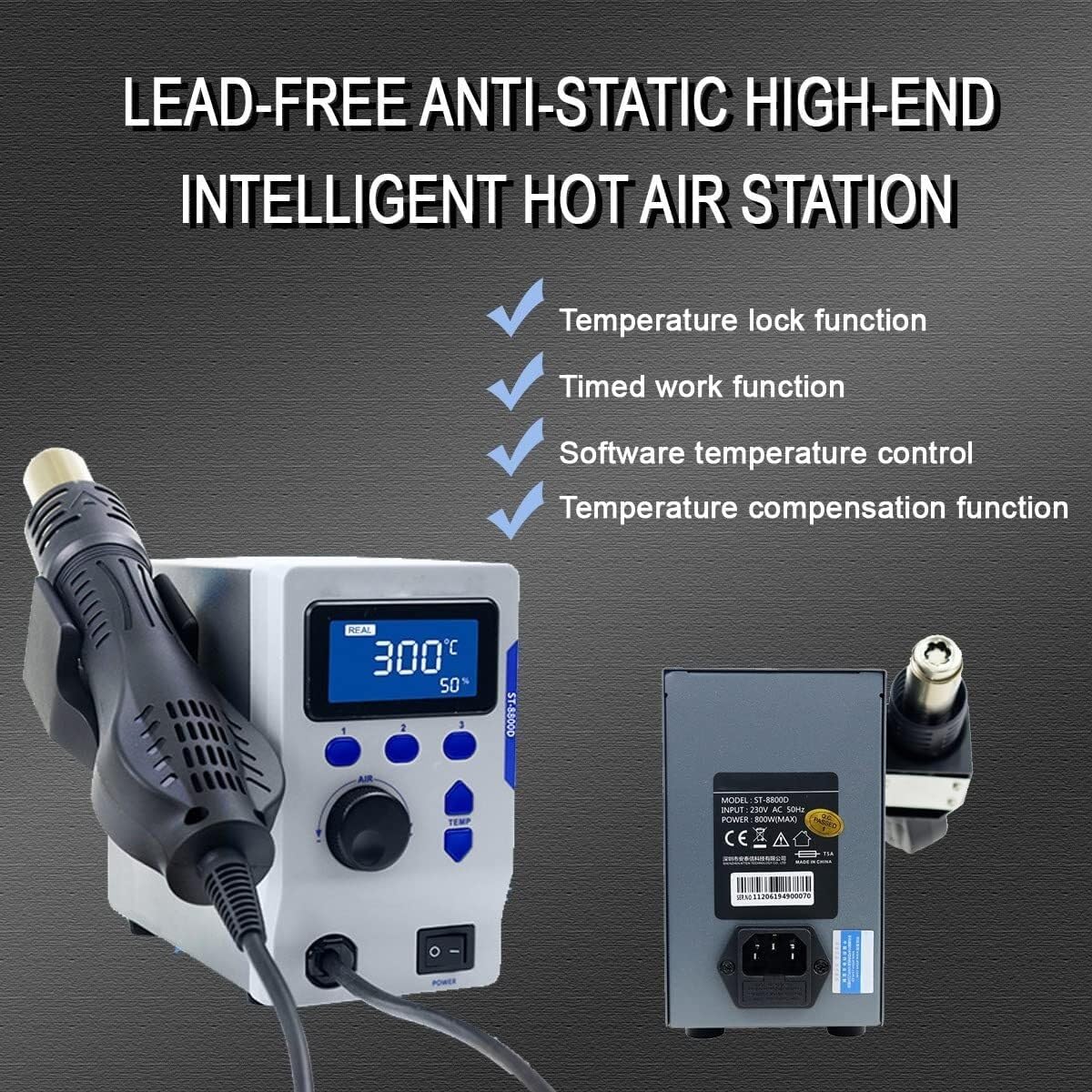 Solder Rework Station Heat Gun Adjustable Temperature Air Volume Anti-Static Hot(Ac220v)