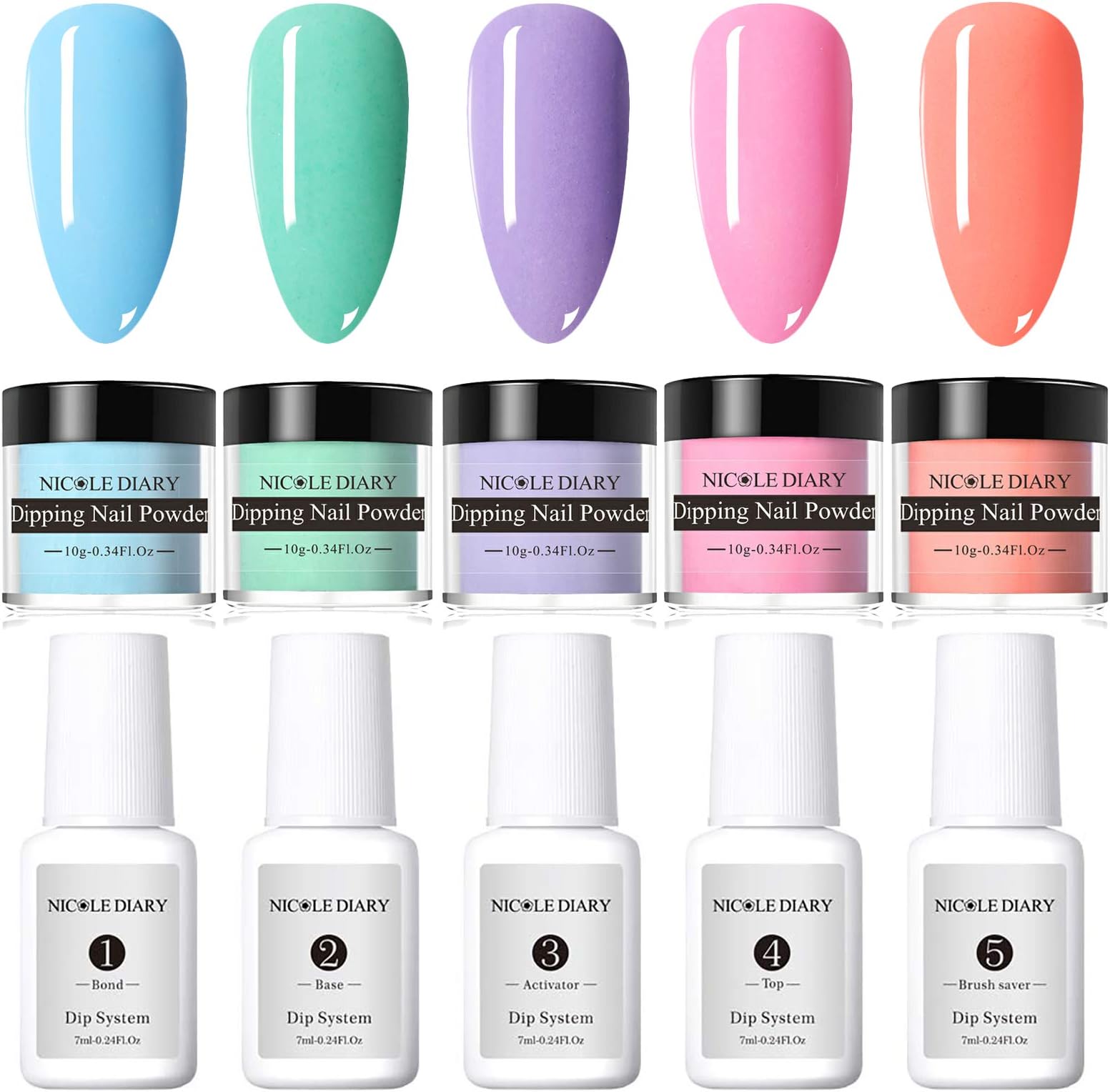 NICOLE DIARY Dipping Powder Set 5 Color Dip Powder Nail Kit Starter Luminous Nail Powder Dip Kit Base and Activator Glitters Nail Art System Acrylic Dipping No Need UV LED