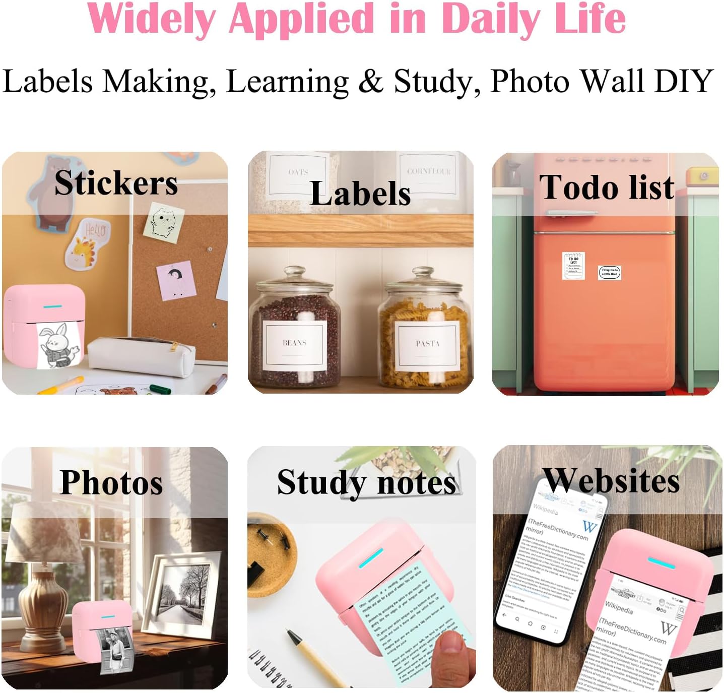 Mini Portable Printer, Inkless Sticker Printer with 12 Rolls Paper, Thermal for Notes/Photos/Stickers/Labels/Receipts, Compatible with iPhone, Android Phone & Tablet, Pink - Image 4