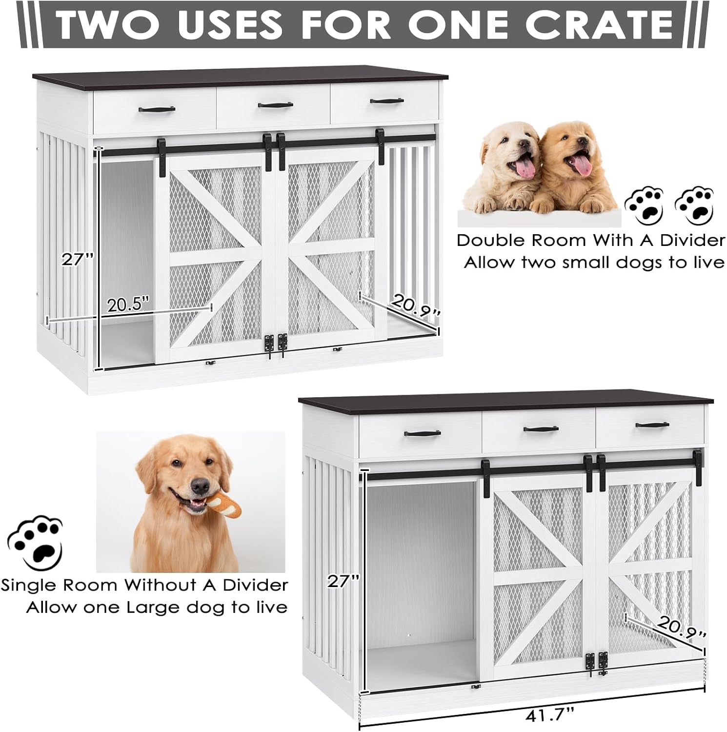 48" Dog Crate Furniture with Storage, Heavy Duty Dog Kennel Indoor with Divider for Small, Medium and Large Dogs, Large Dog Cage with Sliding Barn Door, Decorate House as TV Stand, End Table