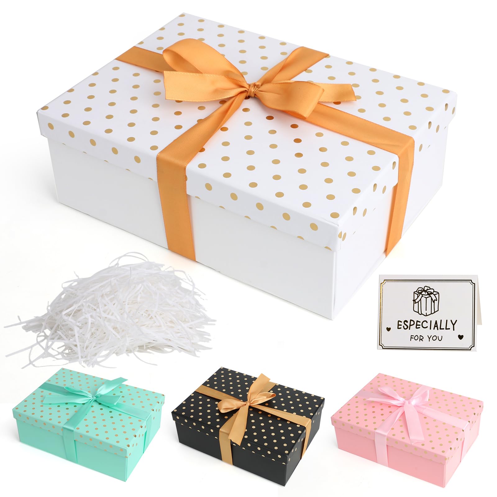 White Gift Boxes with Lids Large Gift Boxes for Presents Gold Dots Foldable Present Boxes with Card, Shredded Paper, Ribbon for Valentines Day Christmas Birthday Anniversaries Weddings (White)
