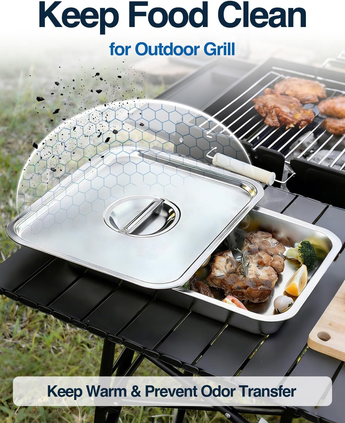 Grilling Prep and Serve Trays with Lid, Stainless Steel Extra Large Grill Carry System, Deep Marinating Container with Cutting Board for BBQ Outdoor Grilling, Pro Series