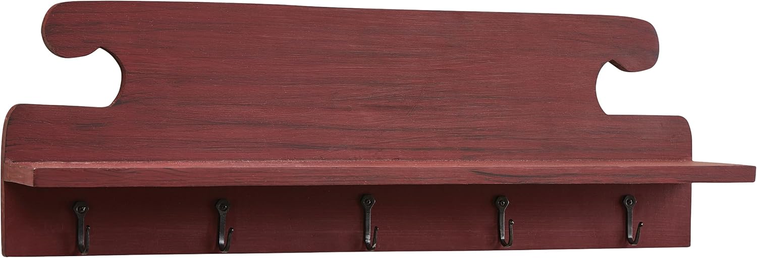 Park Designs Acogedor estante de granja con ganchos, soporte de pared rústico para dormitorio, baño, sala de estar y entrada, estante de madera rojo