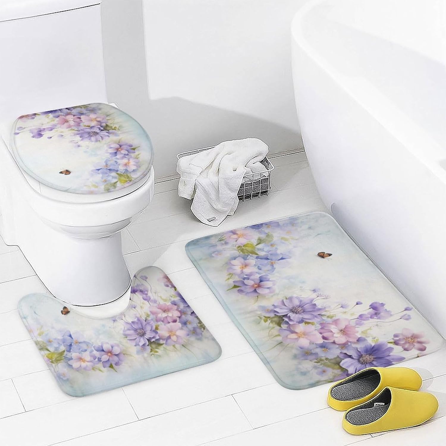 Beautiful Floral 4 Pieces Shower Curtain Sets with Non-Slip Rugs, Toilet Lid Cover and Bath Mat, Purple Flowers Natural Plants Butterflies Bathroom Decor Set Waterproof Shower Curtains with 12
