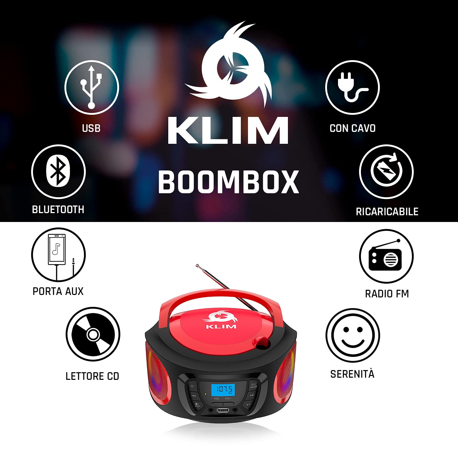 KLIM Boombox – Stereo Portatile Radio portatile FM, lettore cd, Bluetooth, MP3, USB, AUX - Batterie ricaricabili incluse - Connessione AUX e Wireless - Compatto e robusto - NOVITÀ - Rosso