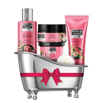 Bryan & Candy New York Delicate Rose Bath Tub Valentines Gift Set For Women And Men Combo for Complete Home Spa Experience (Shower Gel, Body Butter, Sugar Scrub, Face Wash)