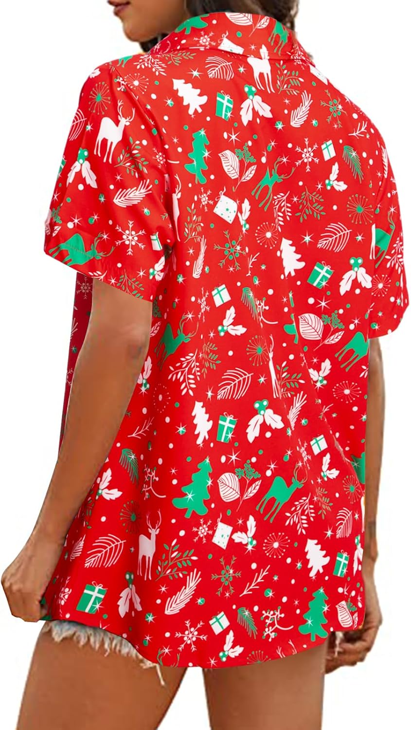 Christmas Shirt Women Hawaiian Button Down Shirts Vintage Christmas Graphic Short Sleeve Button Up Tops - Image 5