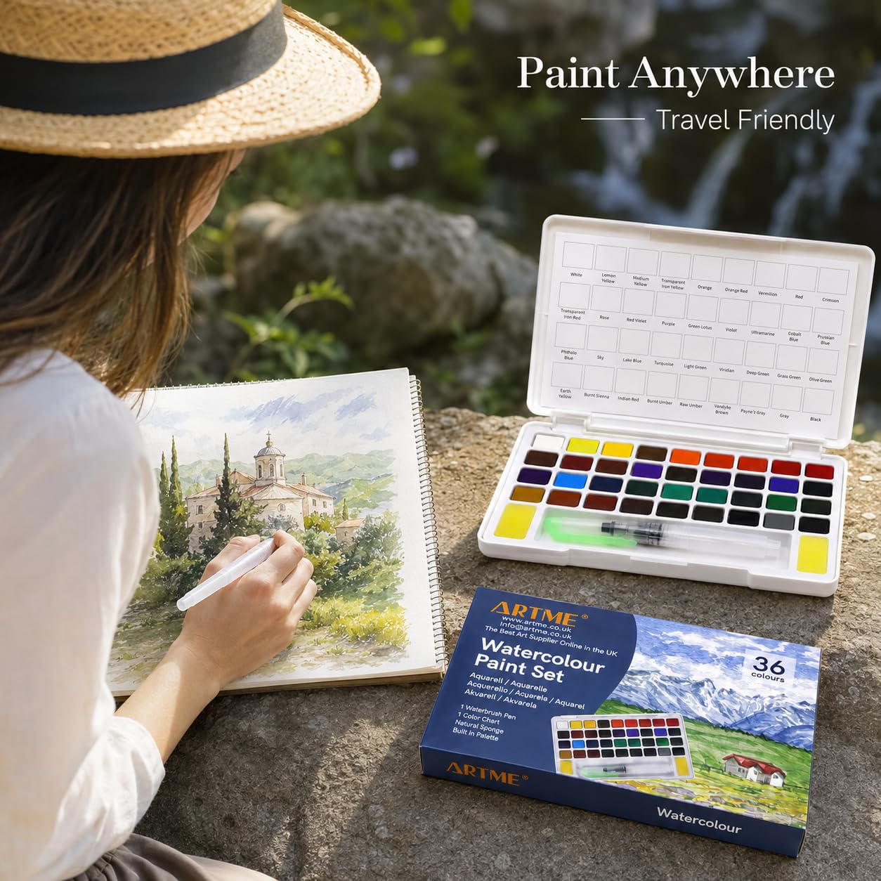Artme Acquarelli/Set per pittura ad acquerello con cubo in custodia da trasporto con pennello - 36 colori vivaci, fornitura artistica essenziale.