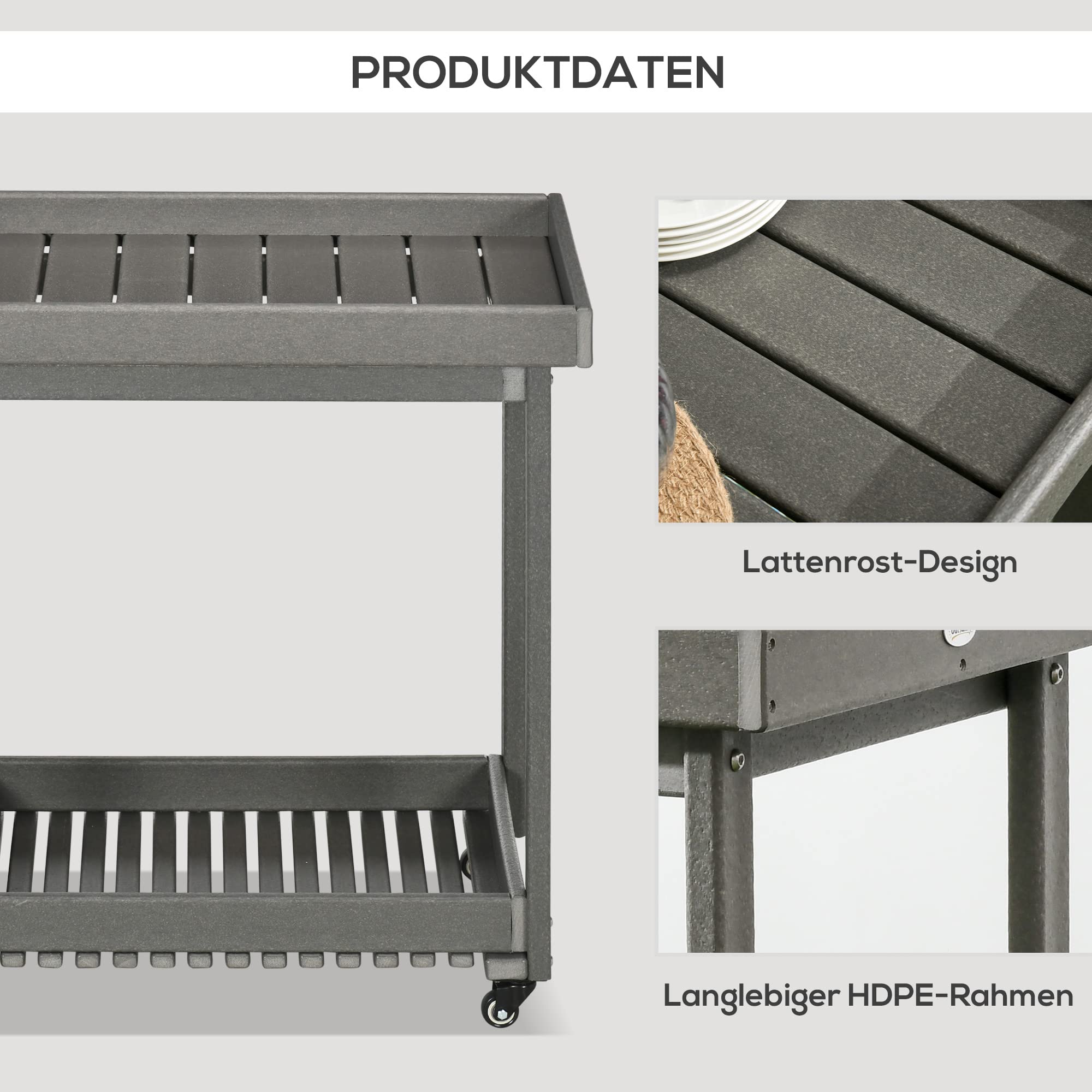 Outsunny Servierwagen, Barbecue Trolley mit Handtuchhalter, Garten Rollwagen mit 2 Regalen, Outdoor Multifunktionstisch mit Rollen, für Garten, Balkon, 87 x 50 x 80cm