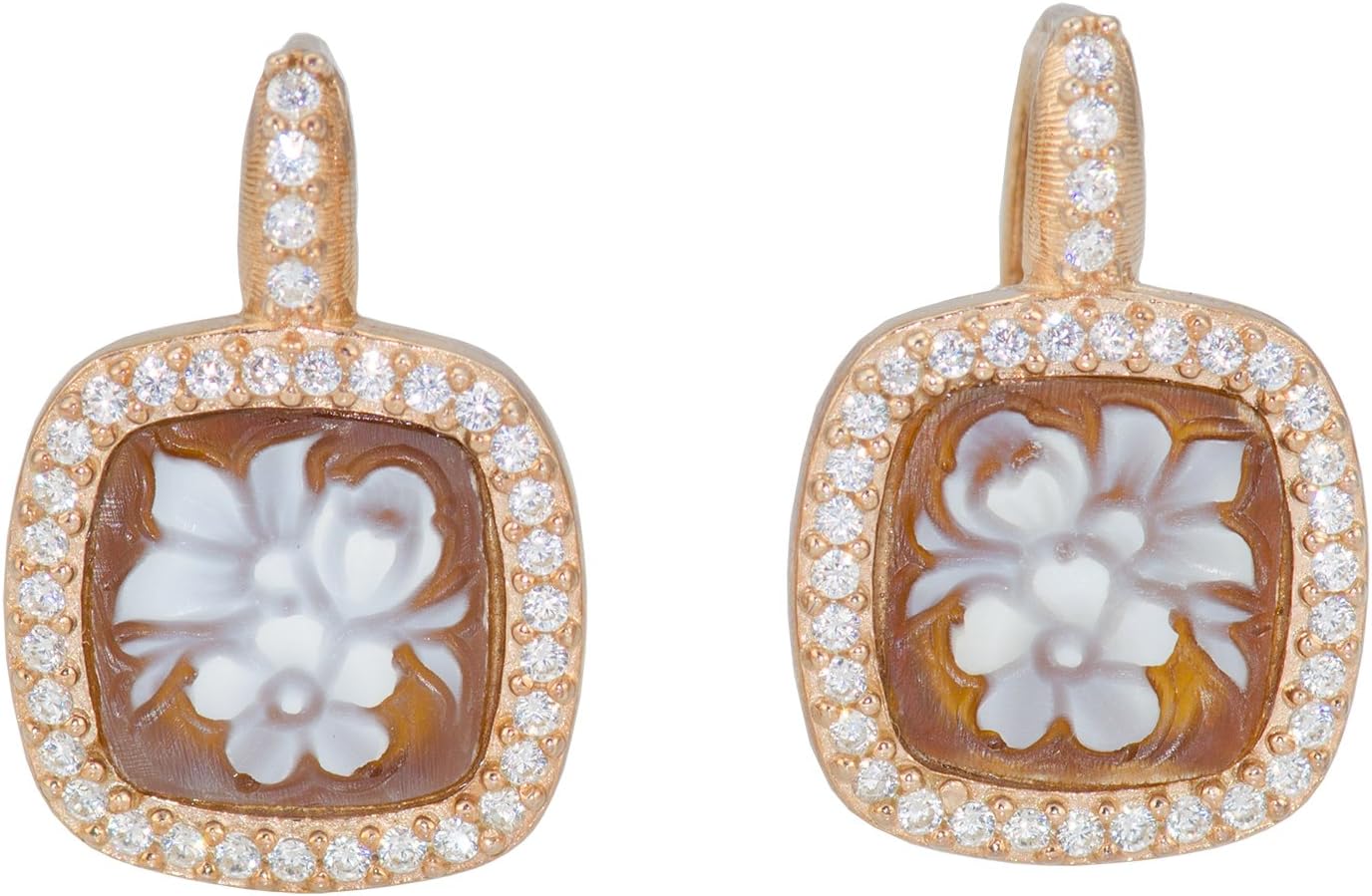 Floral Cameo Earrings - A Floral/Fantasy Sardonyx Shell Cameo Earrings 15x15mm