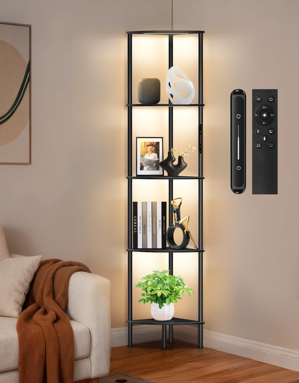 5-poziomowy narożny regał 169 cm z regulowanym oświetleniem LED, dotykowym i zdalnym sterowaniem, 3 barwy światła – wysoki, wąski regał do salonu, sypialni i małych przestrzeni