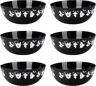 6 Pieces halloween bowls for candy large - Plastic Trick or Treat Bowls, Reusable Servingplastic bowl for Halloween Party SuppliesBlack Ghost