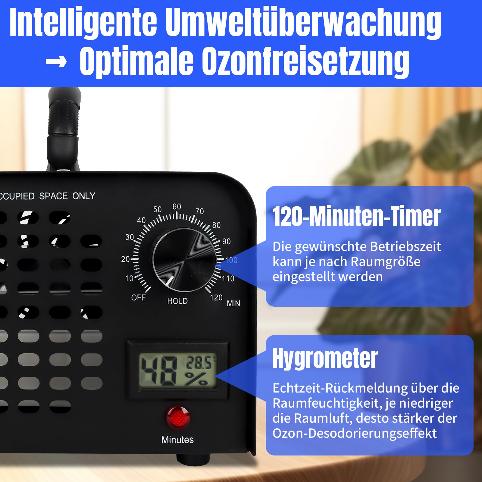 LPQCccY Ozongenerator, 60000mg/h Ozongerät, 120 Min Timer Ozon Luftreiniger, Intelligente Überwachung des Raumklimas Temperatur Ozonisator, Ozone Generator für Auto Wohnung Küche Garagen Gerüche