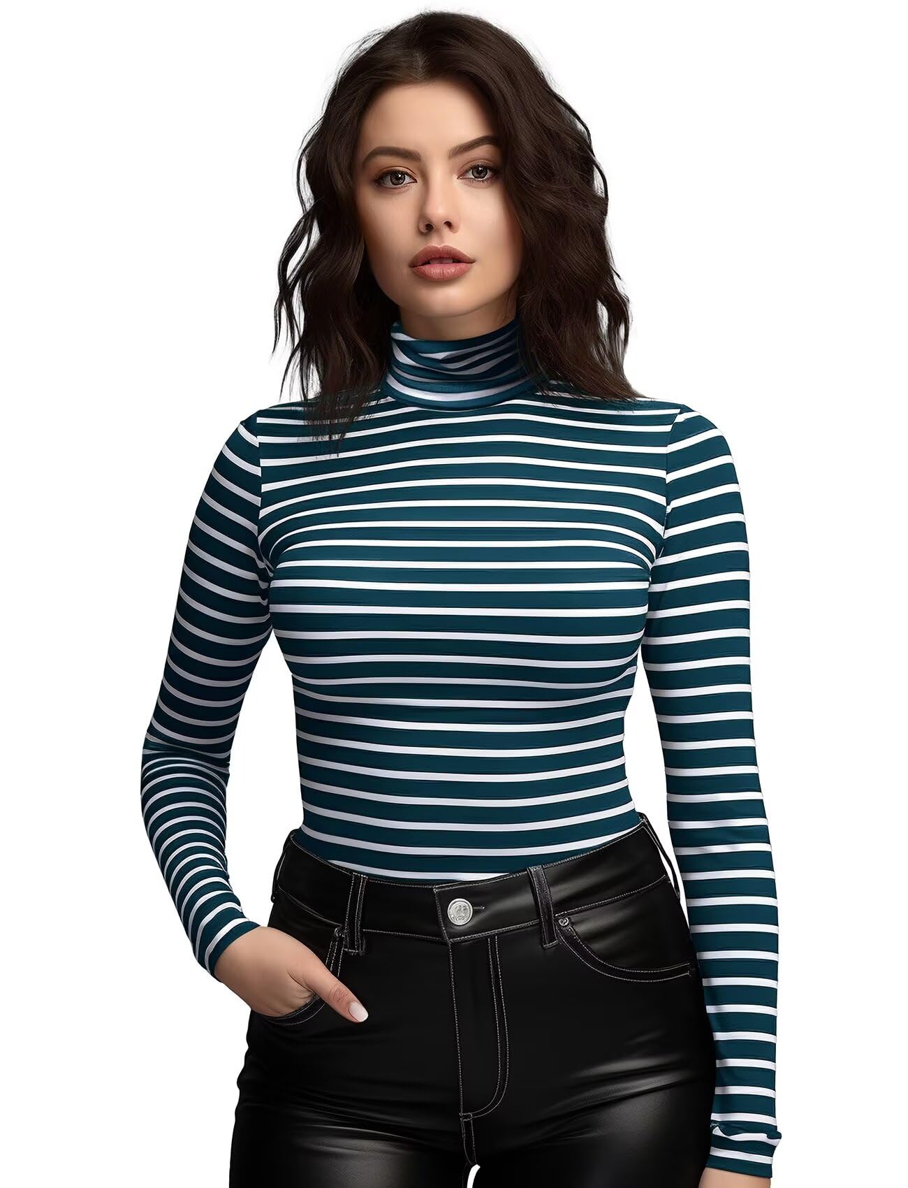 Zengjo Long Sleeve Turtleneck Women Stretch/Short Sleeve Tops Fitted Tee Shirt