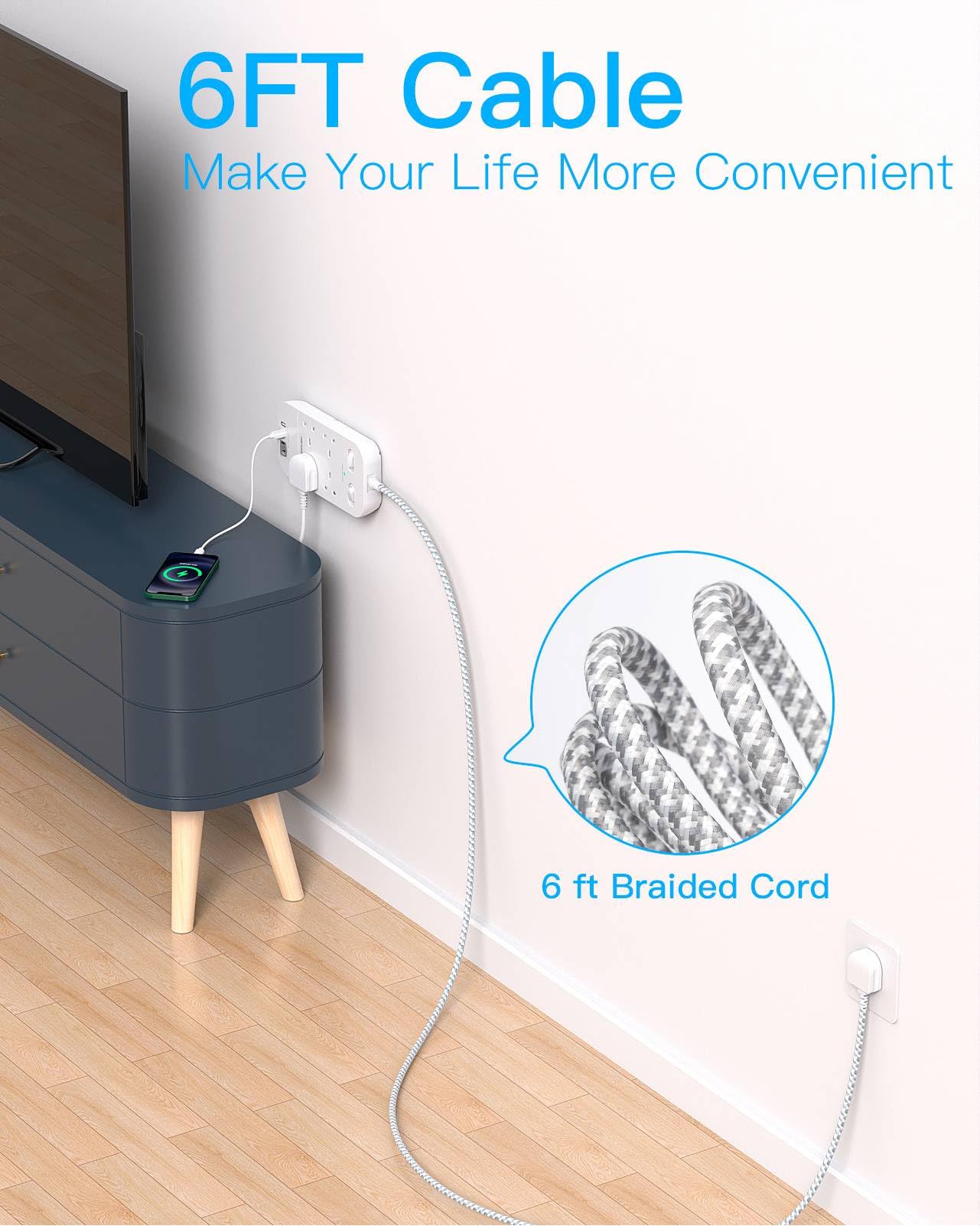 4 Way Surge Protected Extension Lead with USB Slots – Multi Plug Power Strip Extension Cable with Double Switches, Plug Extension Socket 1.8M Braided Extension Cord for Home Office Accessories — view 6