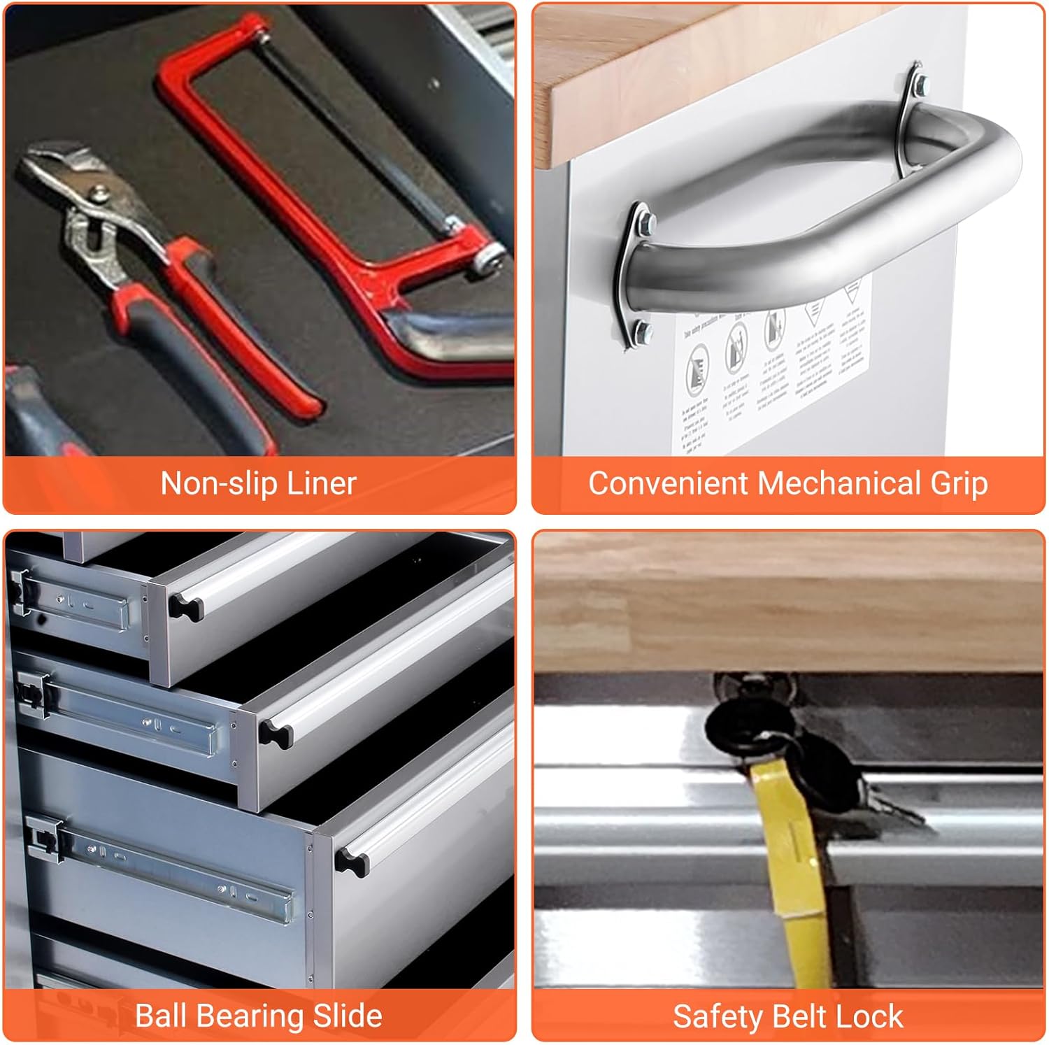 72 Inch Heavy Duty Rolling Tool Chest, Stainless Steel Tool Cabinet with 15 Drawers, Solid Wood Top Workbench, Mobile Toolbox Organizer with Locking Wheels, Power Outlets, for Garage, Workshop, Storag