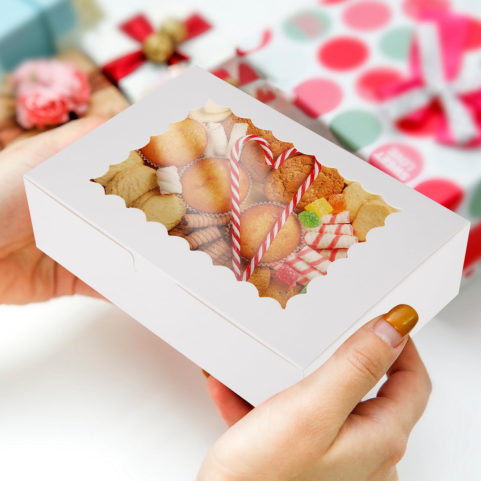 Scatola per Dolci da 24 Pezzi, 22,9 x 15,3 x 6,4 cm Scatola per Torte in Cartone Bianca con Finestra Trasparente per Feste di Natale Biscotti Pasticcini Muffin Confezioni Regalo