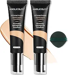 Anglicolor Base corretiva de controle de óleo fosco, 2 peças, maquiagem de base macia e duradoura à prova d'água, cobertura total, base de corretivo forte para pele oleosa com acne (2 peças, 104, 60