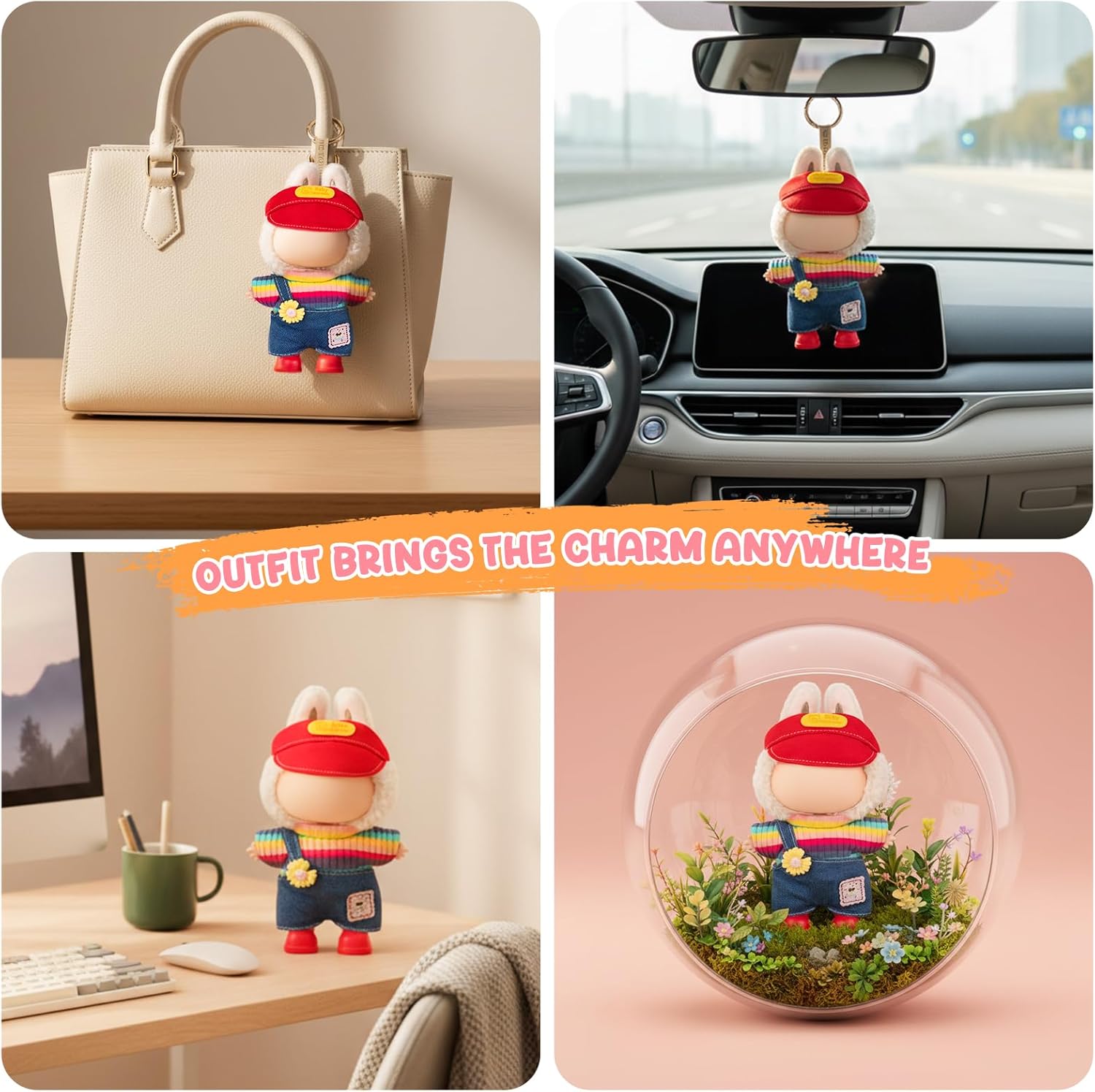 Clothes for Labubu 17cm Doll Clothes & Accessories - 4-Piece Outfit for Doll Clothing (No Doll) , Rainbow Shirt and One-Shoulder Overalls with Mini Shoes and Hat