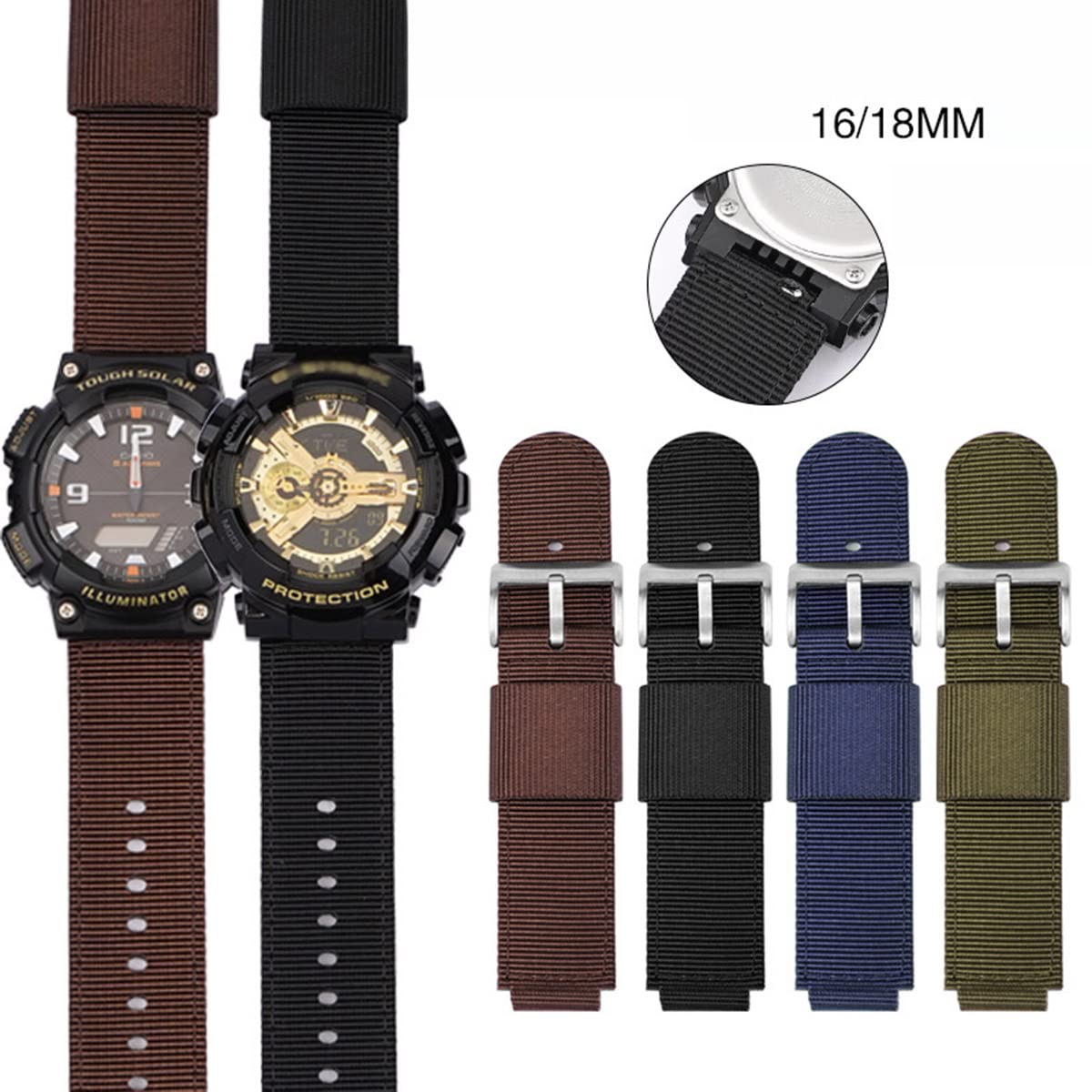Cinturino di ricambio per orologio da uomo in pelle di nylon compatibile con Casio serie 16 mm DW5900 5600 6900 MCW100 AWGM100 GA100 110 GLS-100, 16mm