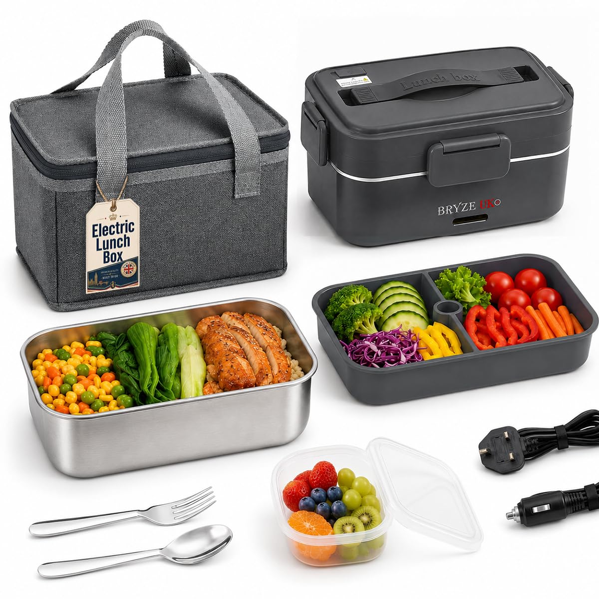 Bryze Heated Lunch Box 90W Electric Lunch Box, 3L Large Capacity Self Heating Food Warmer, 12V/24V/220V Portable Electric Lunch Box for Car, Office & Travel, Stainless Steel Reusable Food Heater