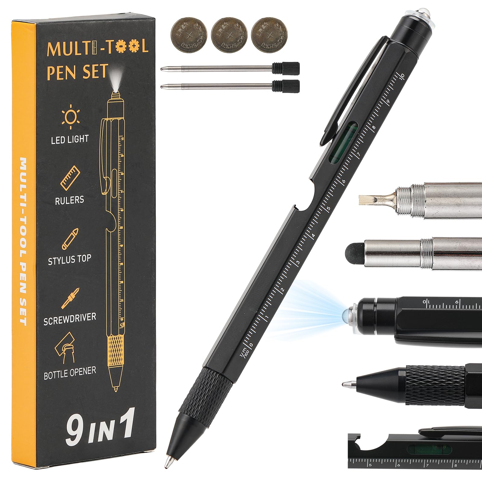 Lyai 9 in 1 Multi Tool Pen with Stylus, Screwdrivers, Ruler and LED Torch, Tactical Pen Gift Set for Men Pocket Multitool DIY, Office Outdoor Cool Gadgets for Him Dad Birthday Easter Gifts