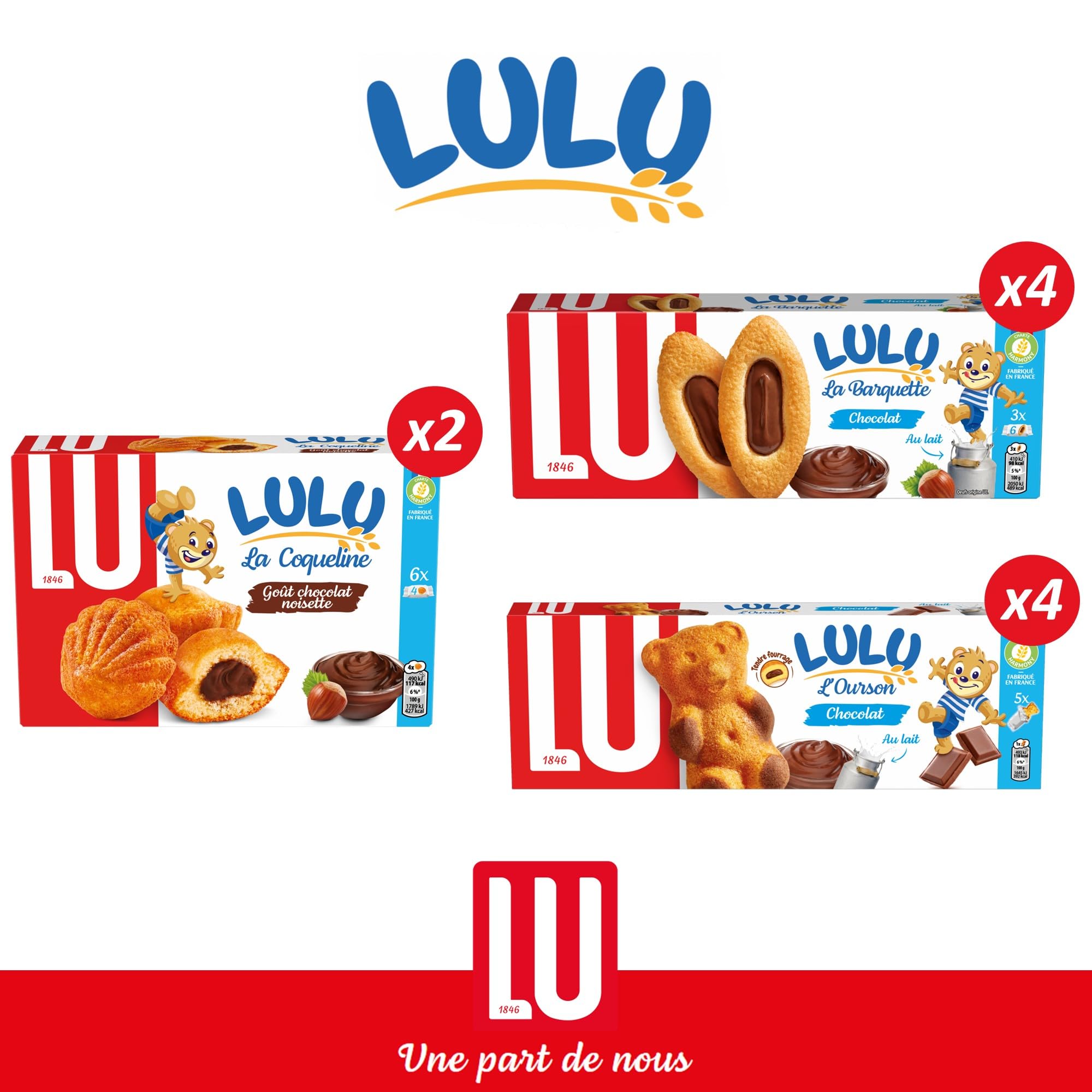 LU - La Boîte Chocolatée Lulu - Lot de Biscuits et Gâteaux - 4 x Lulu La Barquette Chocolat Noisettes - 2 x Lulu La Coqueline Chocolat - 4 x Lulu L'Ourson Chocolat - Lot de 10 Paquets soit 1,41kg