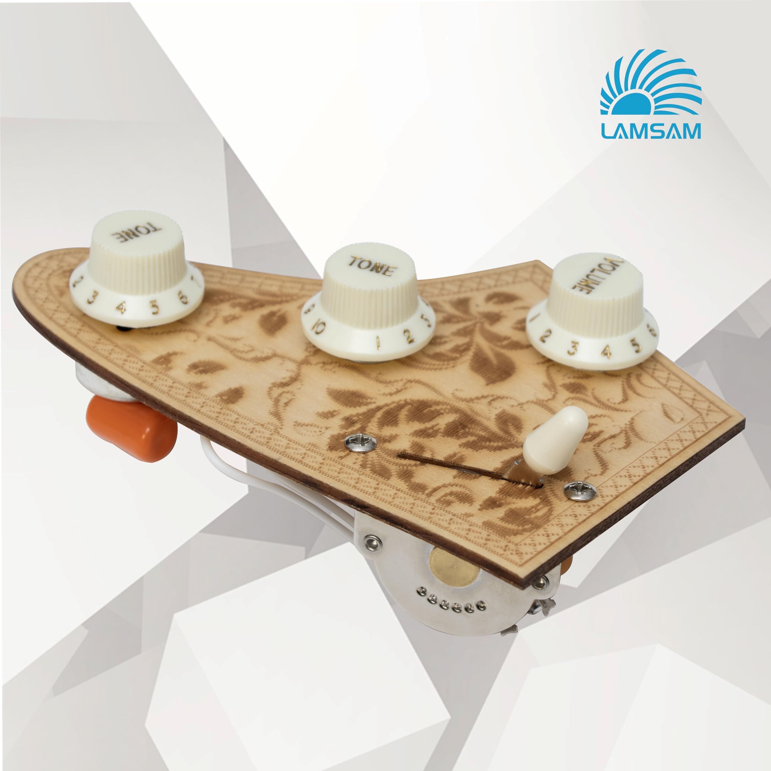 LAMSAM Prewired Wiring Harness for Electric Guitar with Triple Single Coil Pickups, Wired Standard Guitar Wiring Kit Loaded Smooth 5-way Blade Switch 2 Tone 1 Volume Pots Orange Cap, Off White