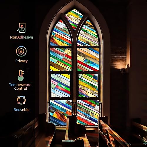 Miniatura 78 de Beautysaid Película de privacidad para ventana, vitral, prisma arco iris 3D, se adhiere a ventanas, bloqueo de calor, tinte para atrapasoles