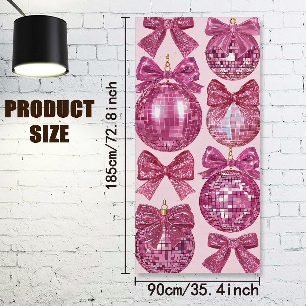 arricraft 1Pc Bowknot Theme Polyester Door Cover, 72.83"x35.43" Pink Bow Disco Ball Pattern Backdrop Banner Door Porch Sign Photography Background for Party Porch Home Decor Accessories image 2