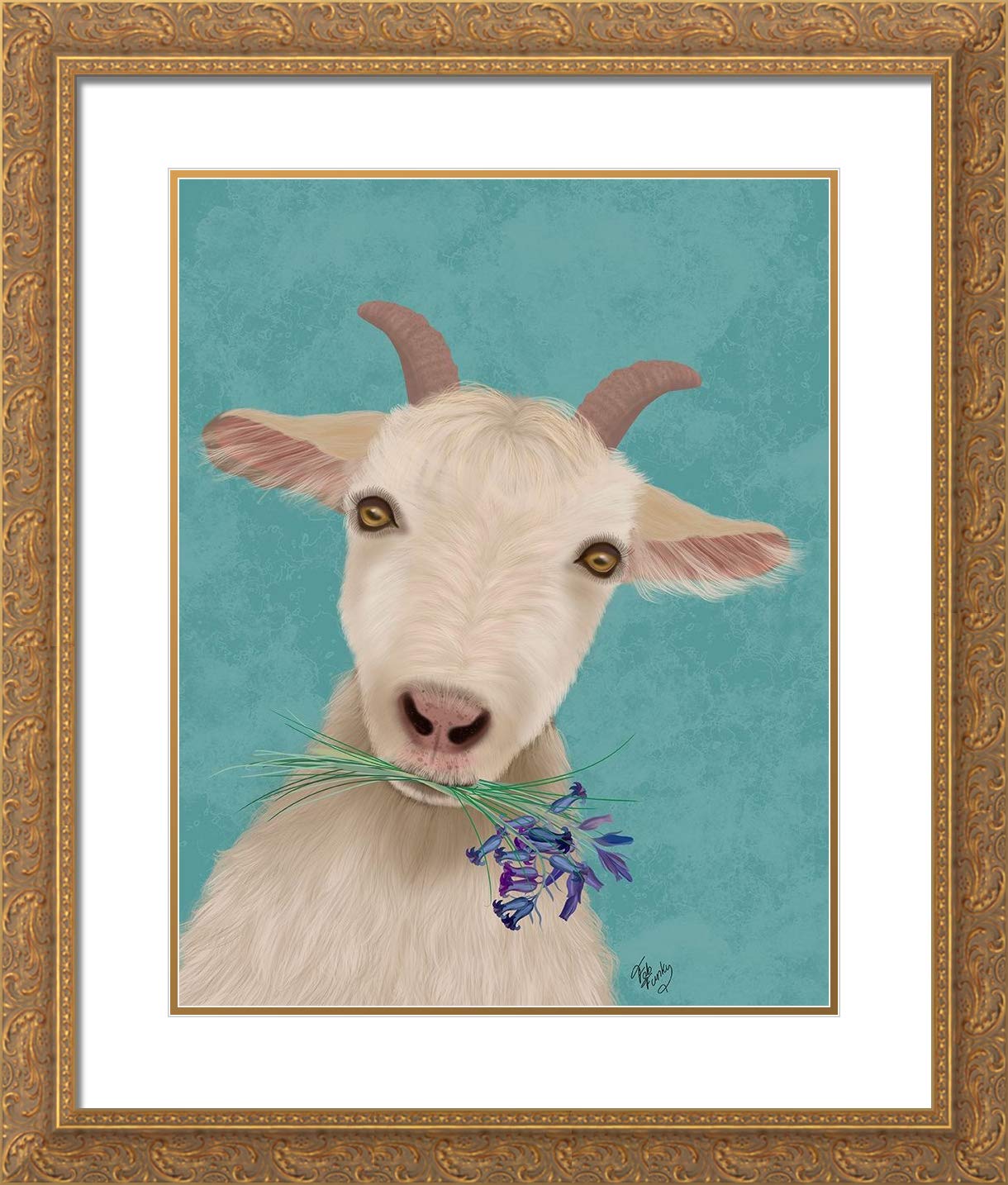 Fab Funky 28x33 Large Gold Ornate Frame and Double Matted Museum Art Print Titled Goat and Bluebells