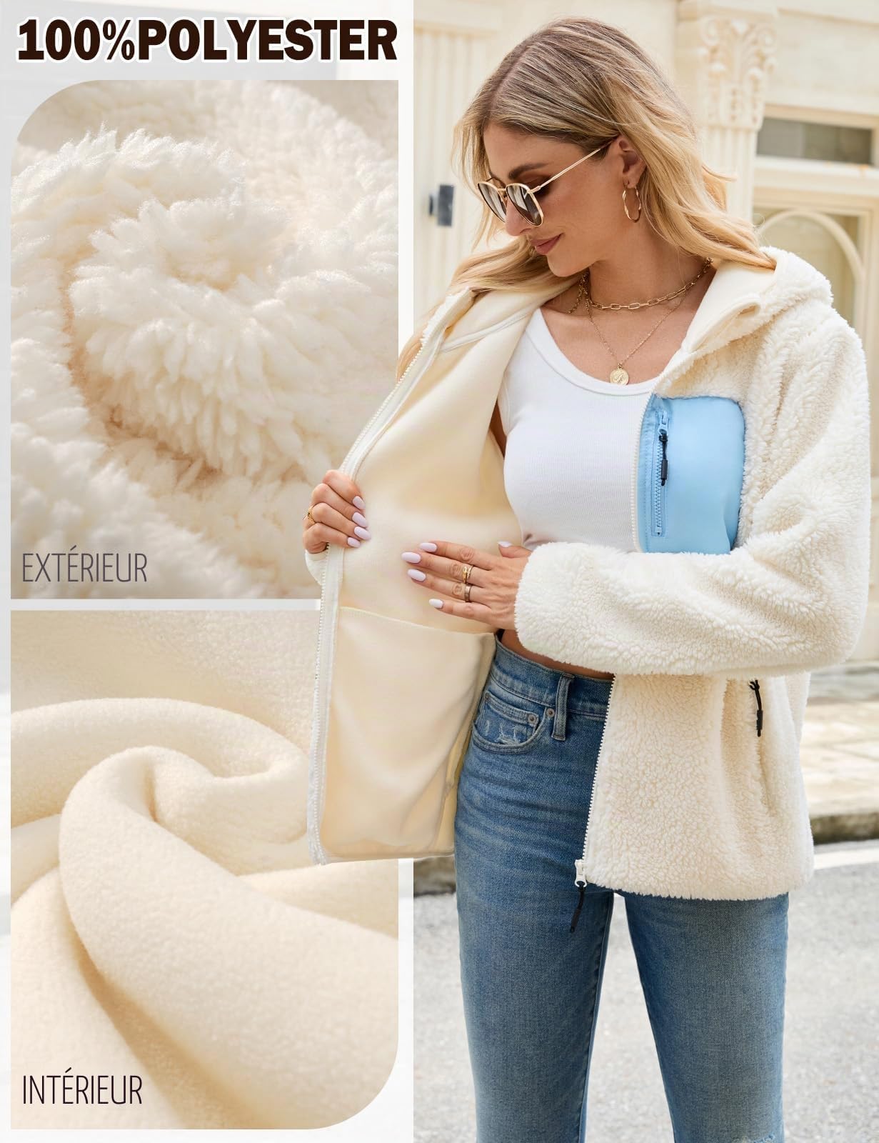 Veste Polaire Femme Hiver Sweat à Capuche Zippé Chaud Blouson Manteau Doublure Manteaux à Capuche Manche Longue Jacket Automne Casual Outwear avec Poches