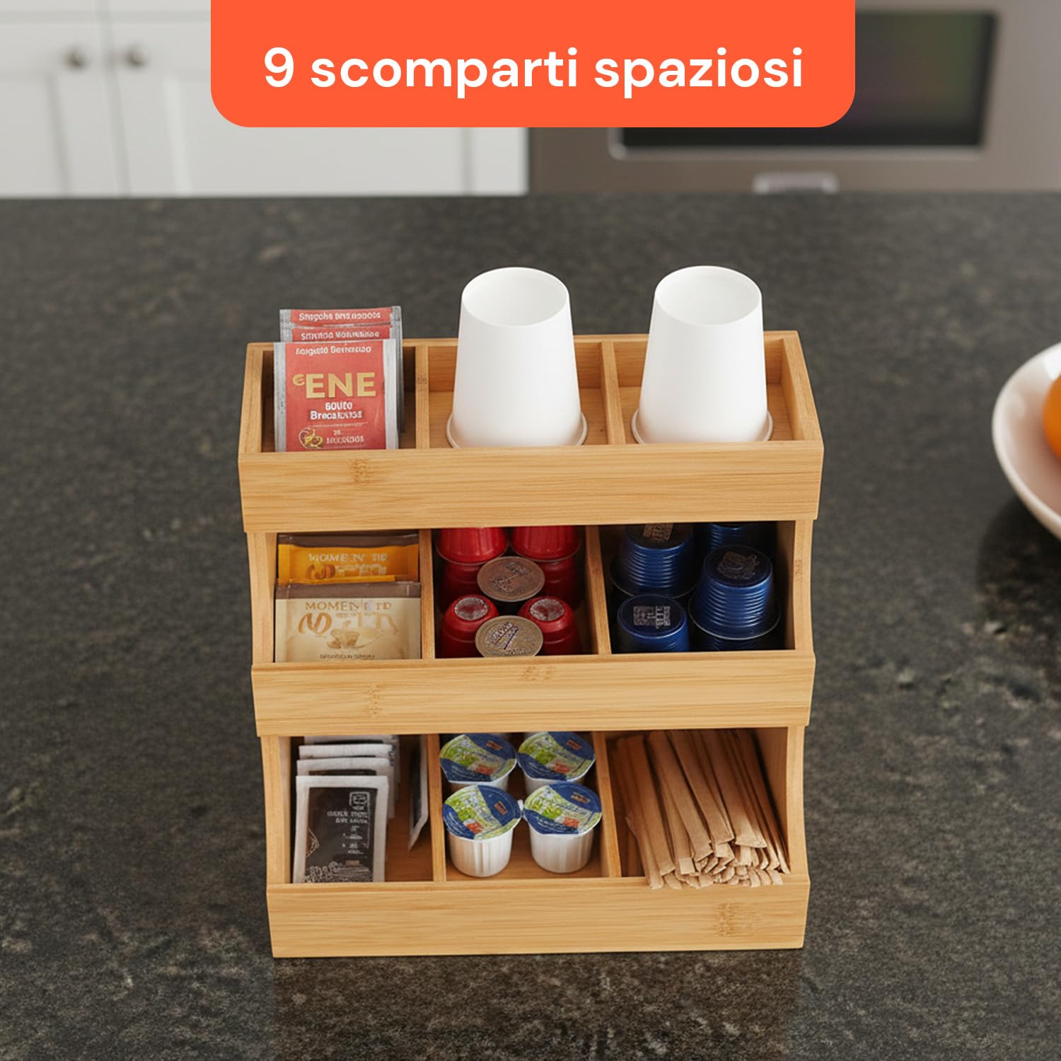 Avilia Organizer in Bambù con 9 Scomparti – Porta Capsule Caffè e Portacialde, Alzatina Cucina Salvaspazio per Bustine Tè, Tisane e Zucchero – Contenitore Multiuso per Cucina, Ufficio e Bagno