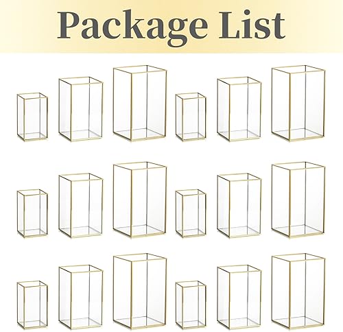 Miniatura 9 de Hewory Portavelas de cristal de huracán Portavelas dorado con marco de metal cuadrado juego de 3, candelabros transparentes para centro de mesa,