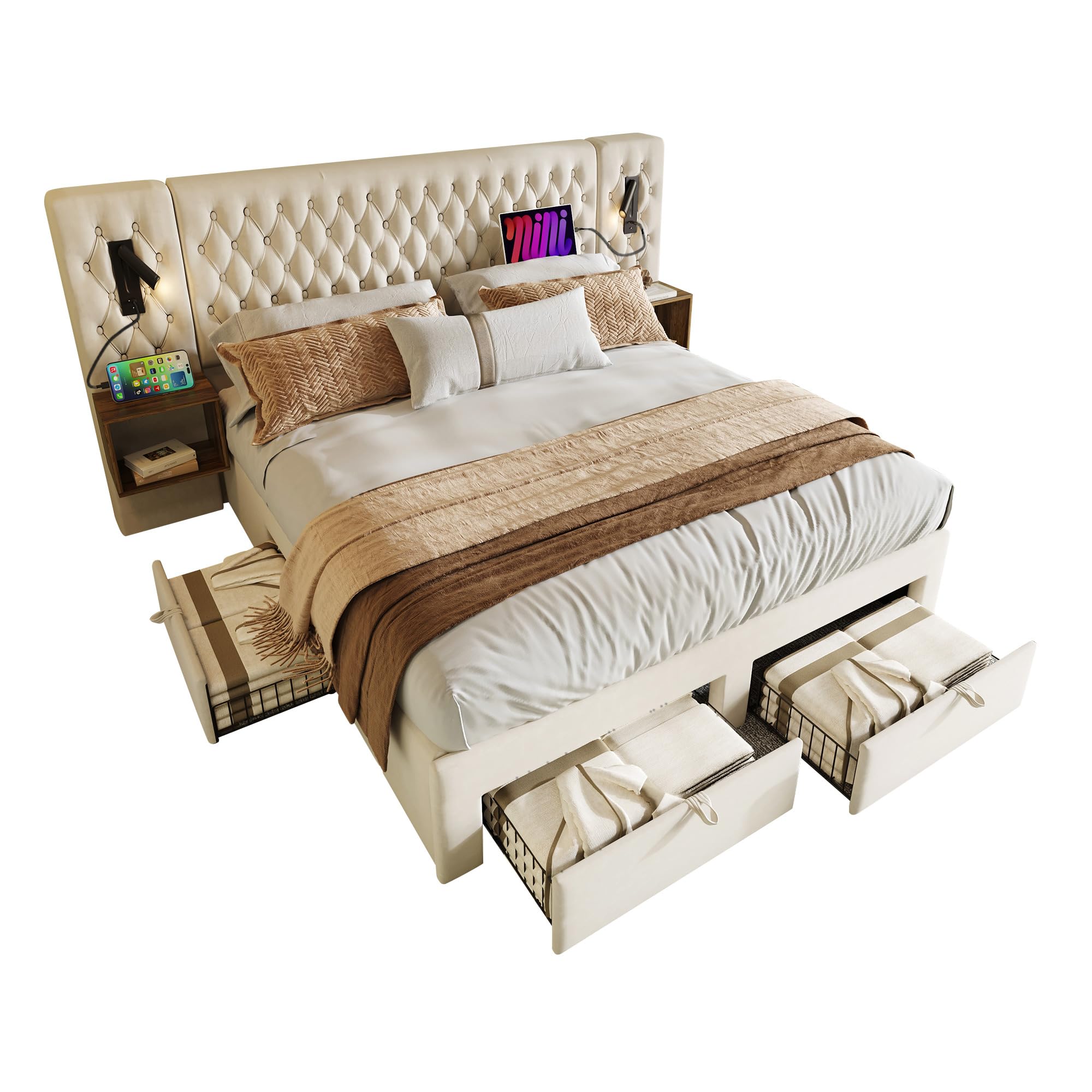 Cama doble tapizada 160x200 cm, 2 mesitas de noche, 4 cajones, cabecero de lectura USB, 243x211x106 cm, color gris