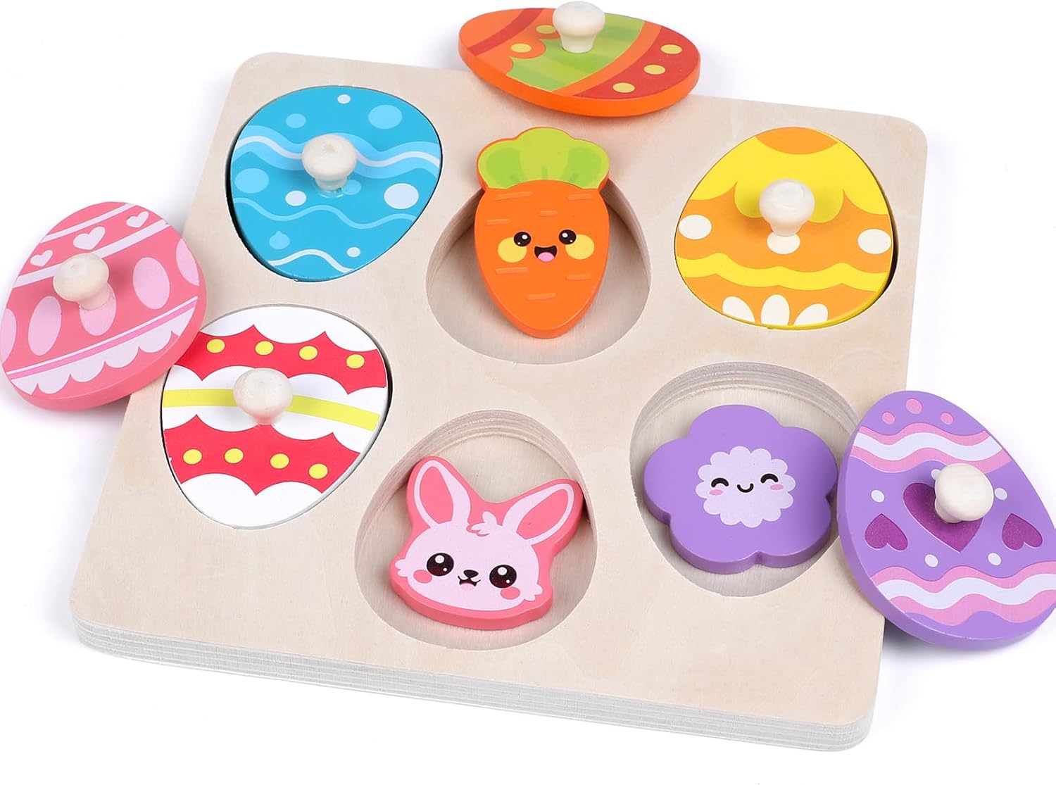 CCINEE Easter Wooden Peg Puzzles for Toddlers 1-3, 6 Pcs Matching Egg Puzzle Montessori Educational Toys for Easter Basket Stuffers Party Favors Learning Activities