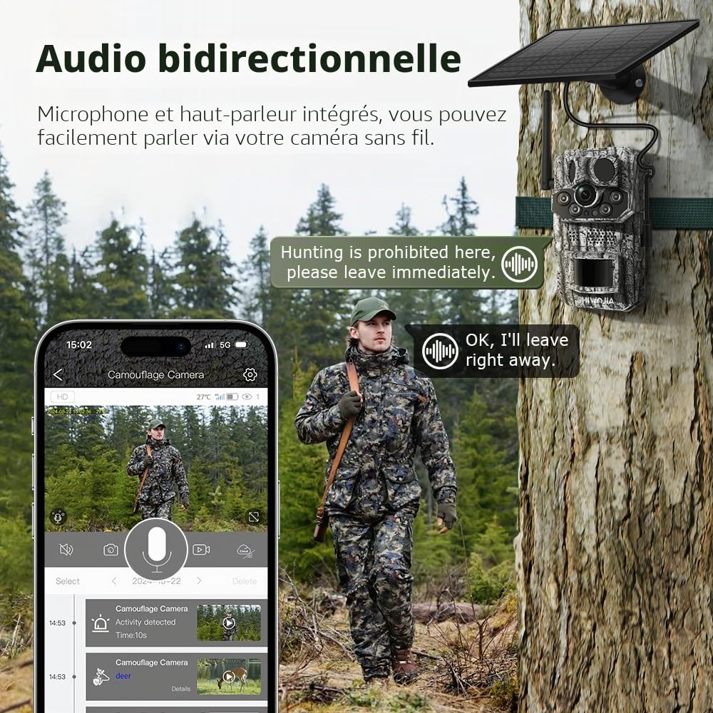 SHIWOJIA 4G LTE Camera de Chasse Solaire Camera Chasse Infrarouge Vision Nocturne Piege Photographique Connectée Telephone, Détecteur de Mouvement 3 PIR, 8000mAh Batterie, IP66