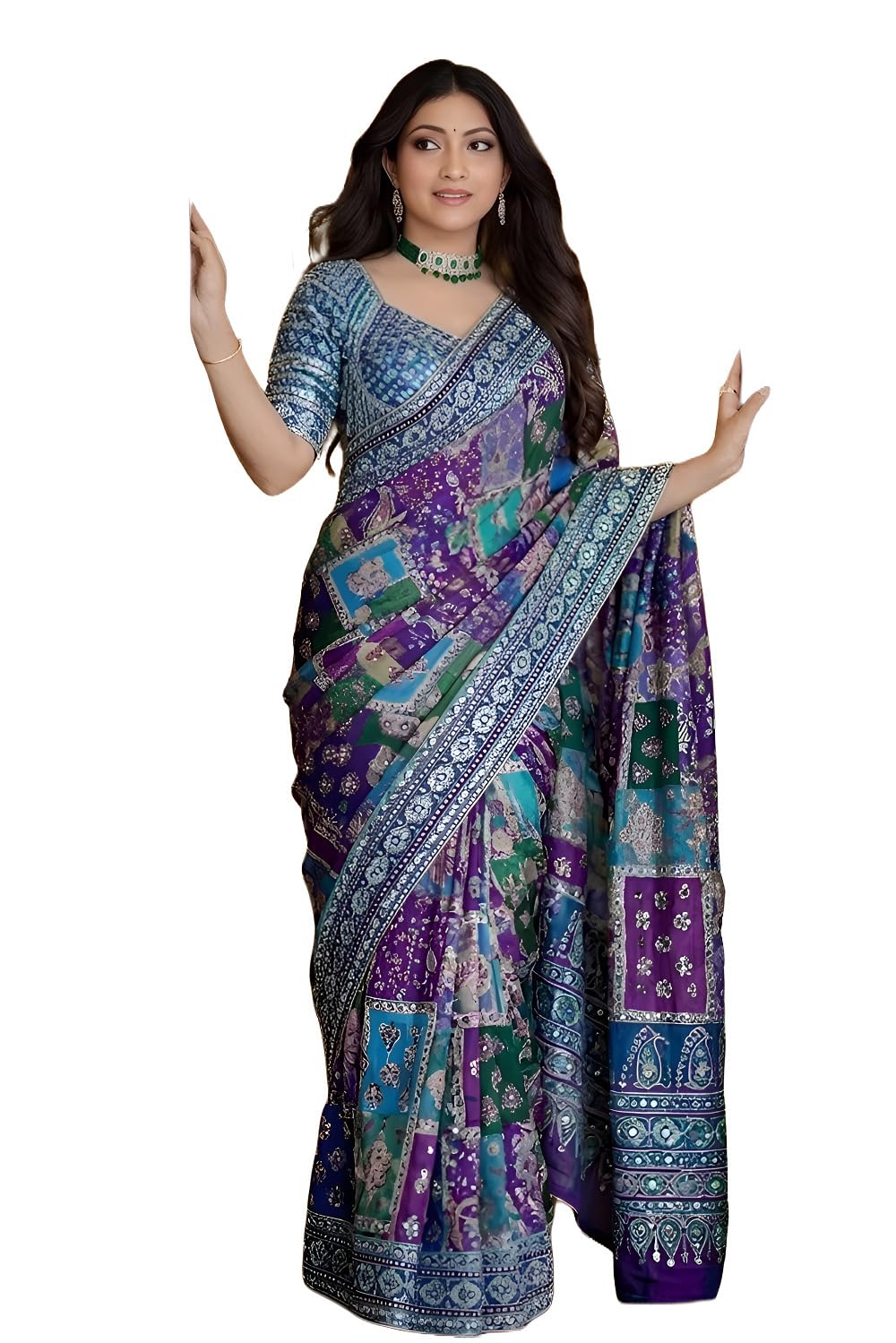 Vragi Women's Multicolor Designer Soft Printed Saree with Mirror Work & Printed Blouse Piece_2-image-45