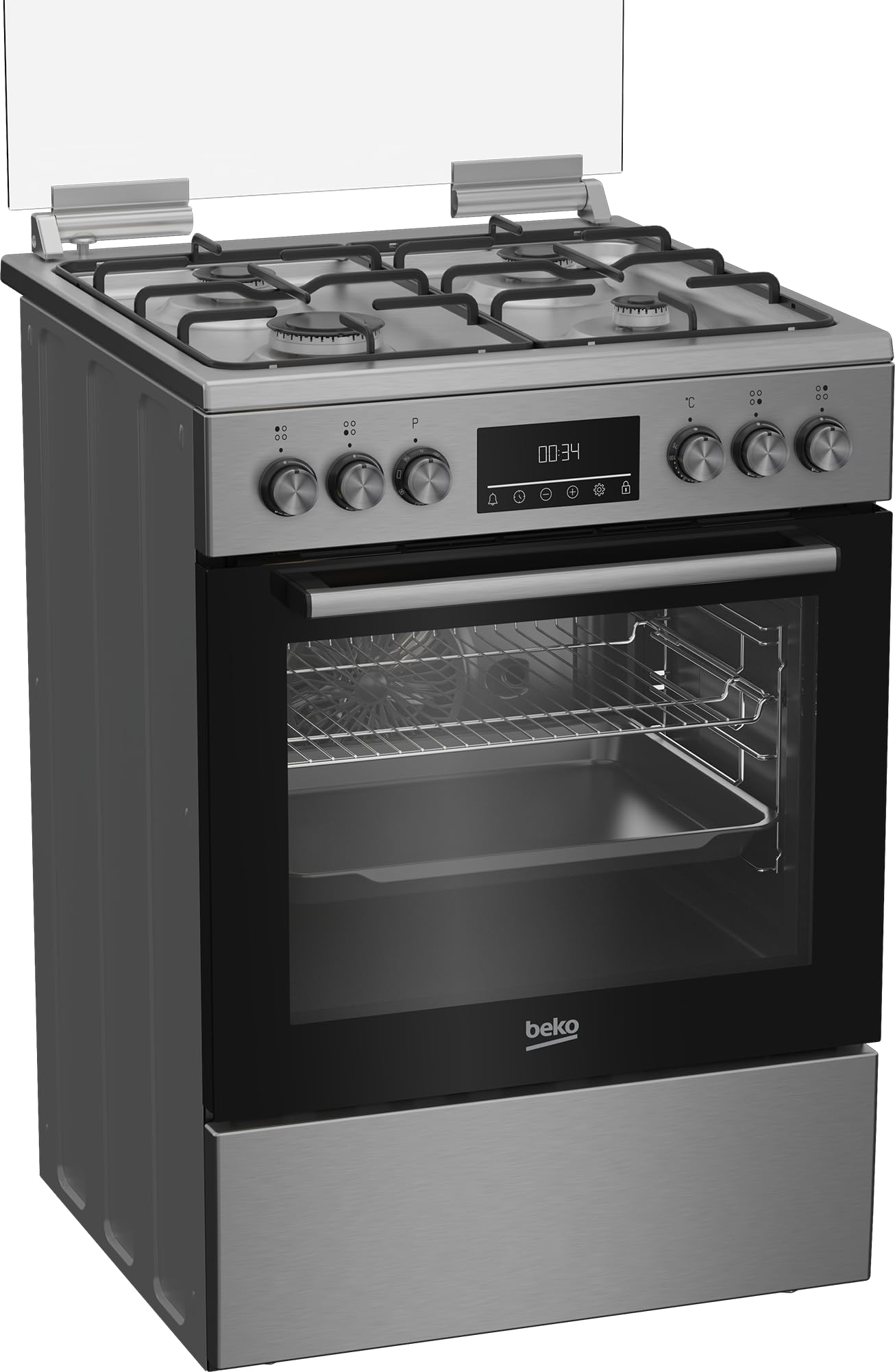 Beko FBM62320XDSL Cuisinière - fours et cuisinières (Autonome, Cuisinière, Gaz, 72 L, 4 zones de cuisson, 8 modes de chauffage, Grille latérale, Ecran multifonction, Acier inoxydable)