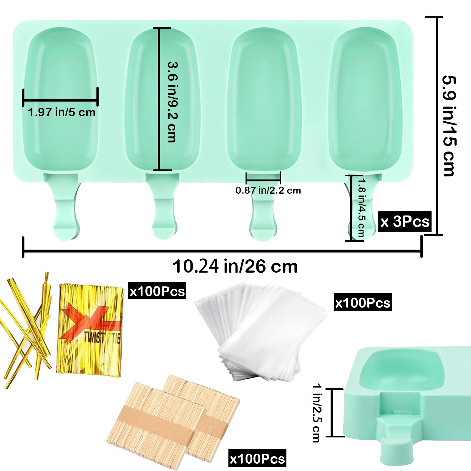 Set di 3 stampi grandi in silicone per ghiaccioli, 4 cavità, stampi ovali per gelato, gelato, torte, torte, con 100 bastoncini di legno, 100 sacchetti e 100 fascette a torsione (verde)