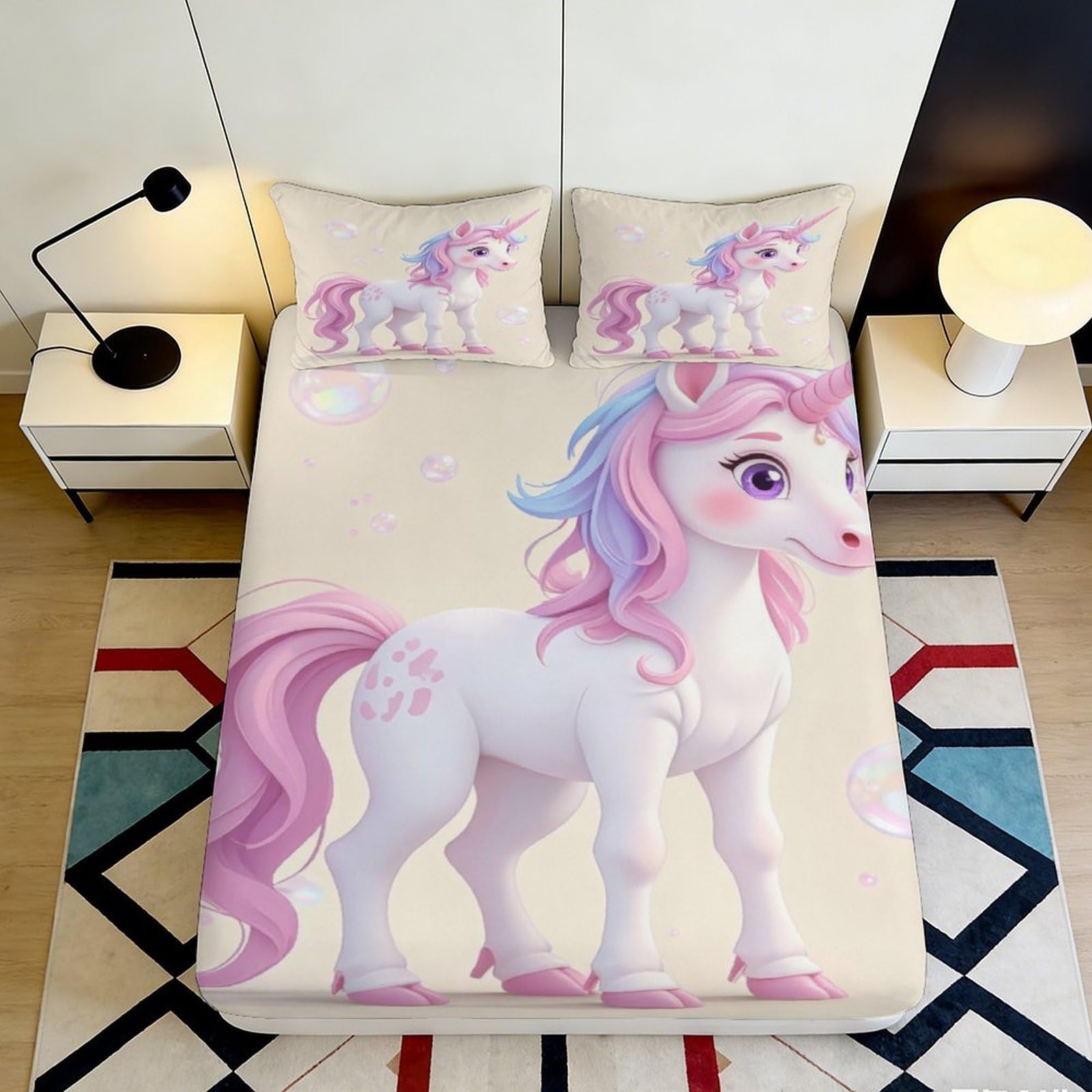 3D Printed Unicorn Fantasy Fitted Sheet Microfiber Soft Bedroom Decor Pink Purple Horse Mattress Cover for Home Dorm 90x200x25cm