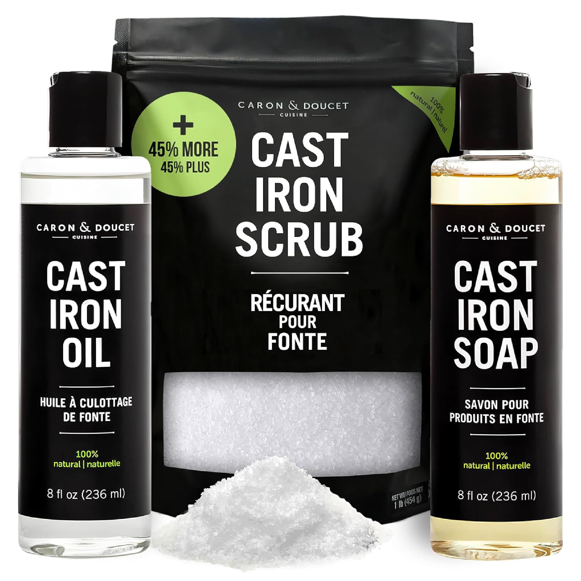 CARON &amp; DOUCET – New Ultimate Cast Iron Set: Seasoning Oil, Cleaning Soap &amp; Restoring Scrub | 100% Plant-Based &amp; Best for Cleaning Care, Washing, Restoring &amp; Seasoning Skillets, Pans &amp; Grills!