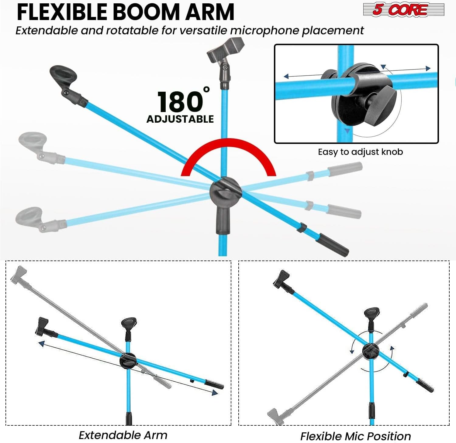 5 Core Mic Stand Floor 4Pcs Universal Height Adjustable 63" Tripod Holds 2 Mics Portable Foldable Heavy Duty with Telescoping Boom Arm for Studio On Stage Sky Blue
